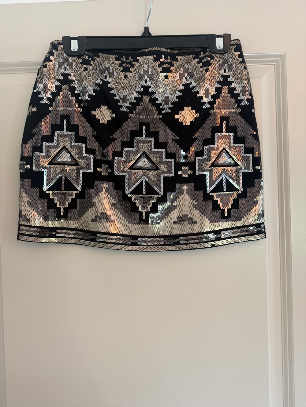 Express Black Mini Skirt with Gold & Silver Sequin Aztec Design